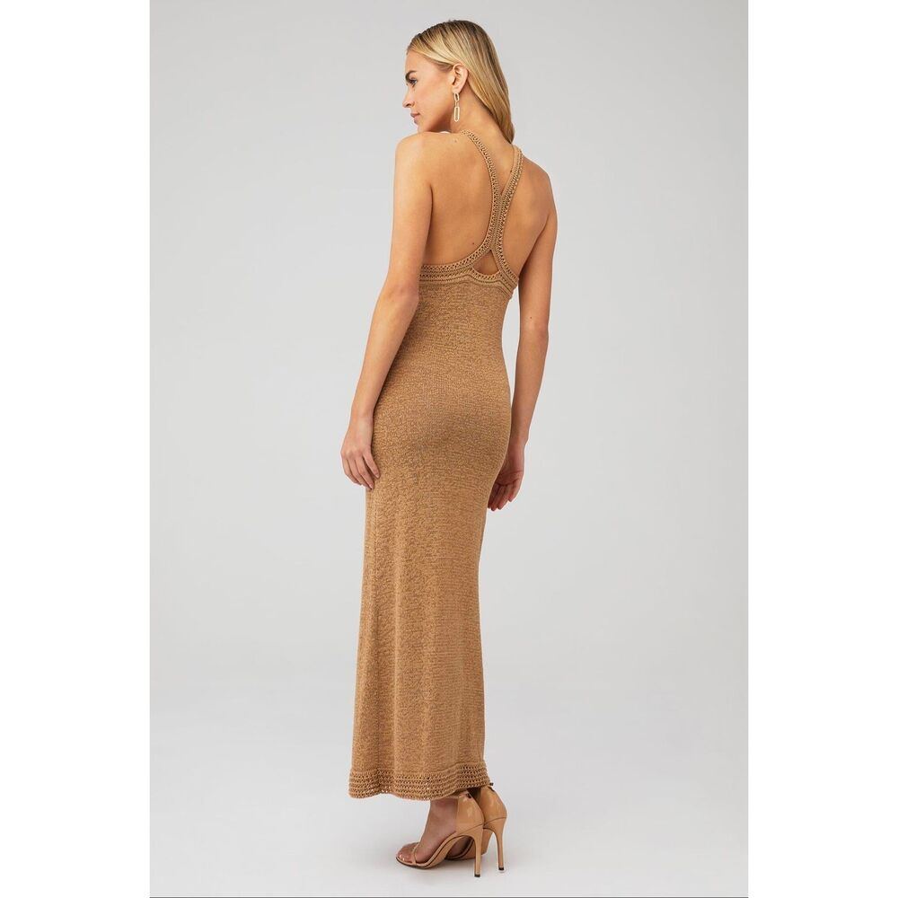 Significant Other Saoirse Midi Maxi Halter Dress Knit Crochet Biscuit Tan Size 6 - Picture 3 of 13